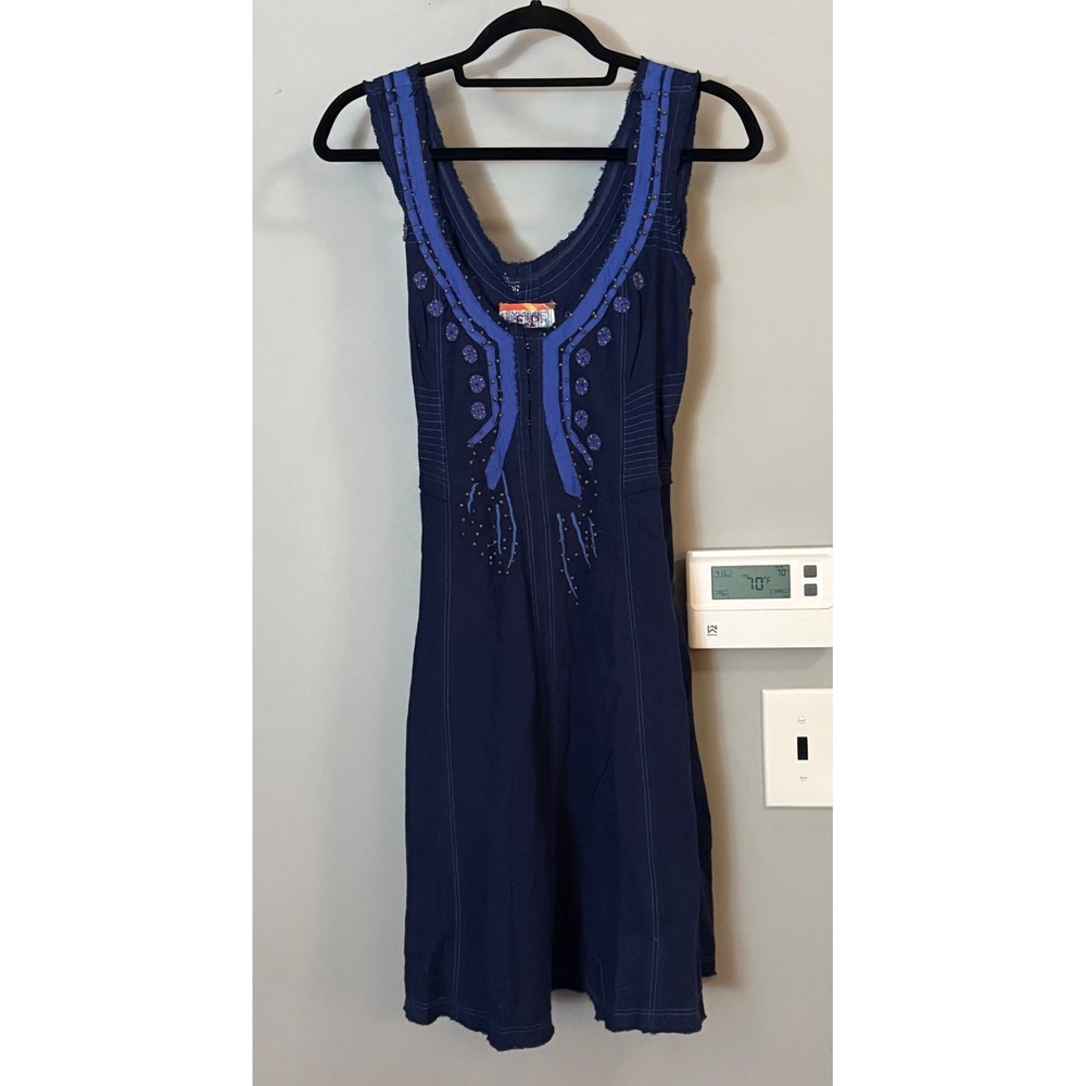 Free People Mini Dress Womens 10 Navy Blue Beaded Embroidered Boho Festival 5582